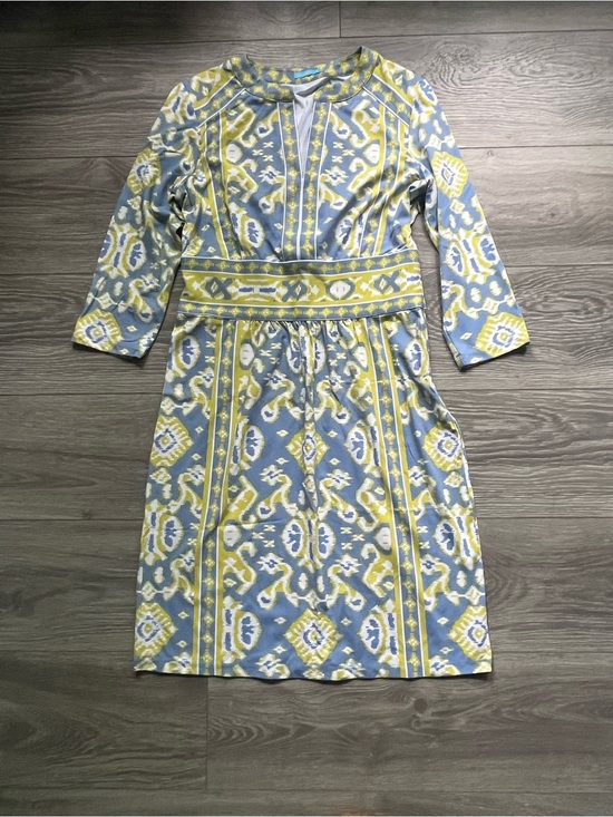 J. McLaughlin Dresses & Skirts - J. McLaughlin Blue Yellow Catalina Cloth Geometric Ikat Print Dress Size M Work